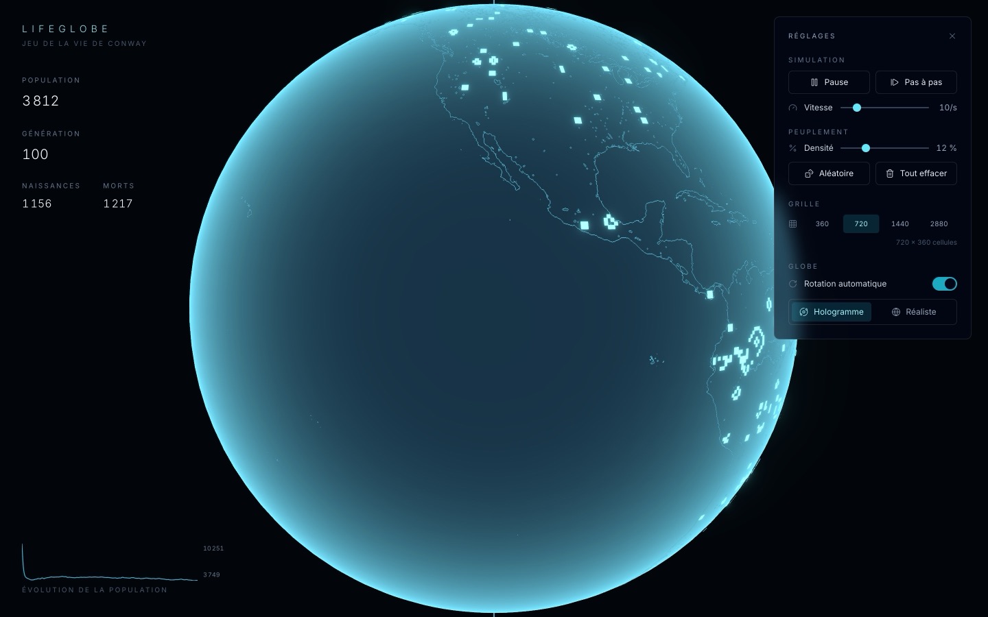 Illustration du projet LifeGlobe, le jeu de la vie sur un globe